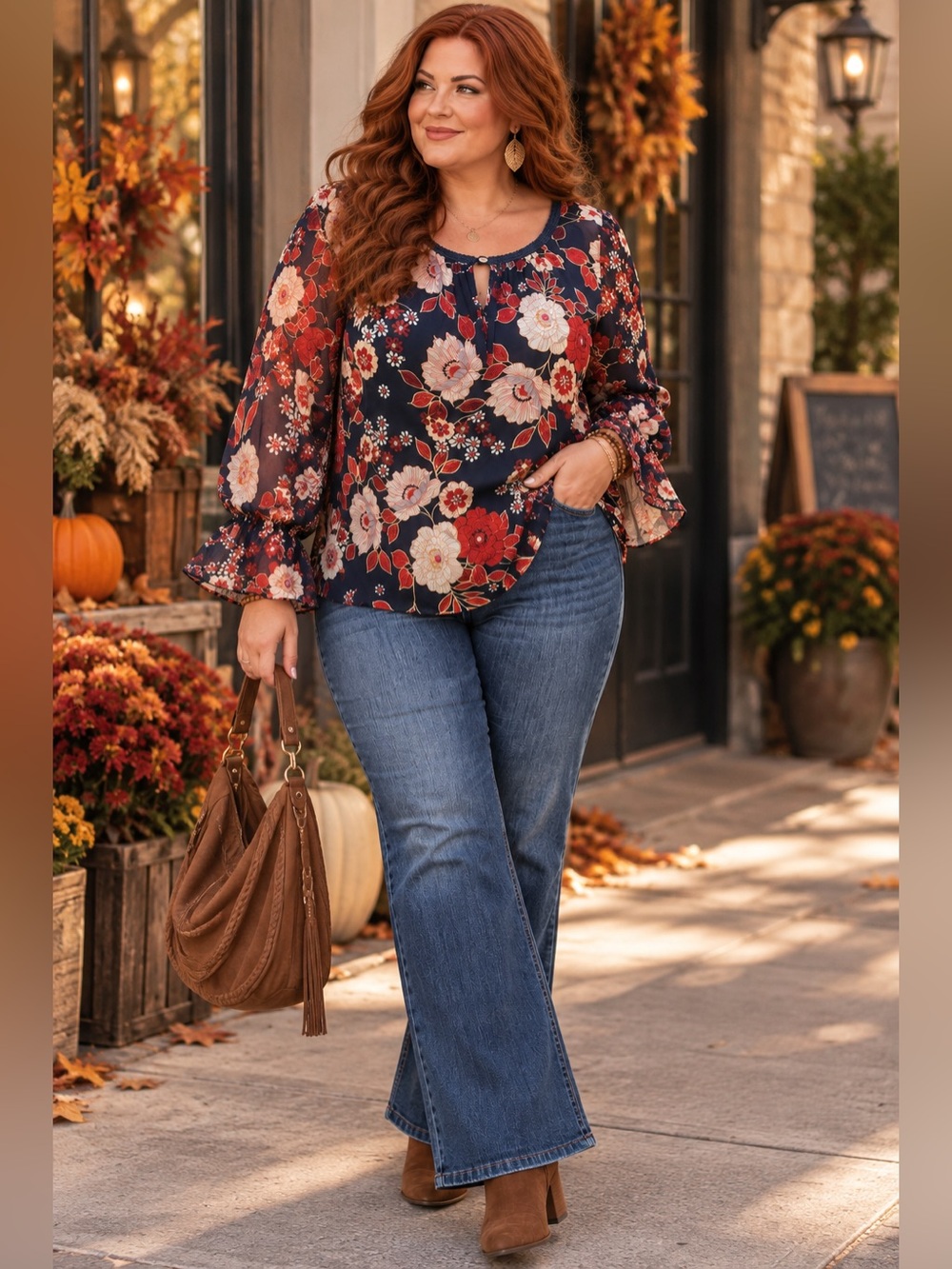 Daniel Rainn XXL Navy Red Floral Blouse Sheer Sleeve Boho Tunic Top Plus Size
